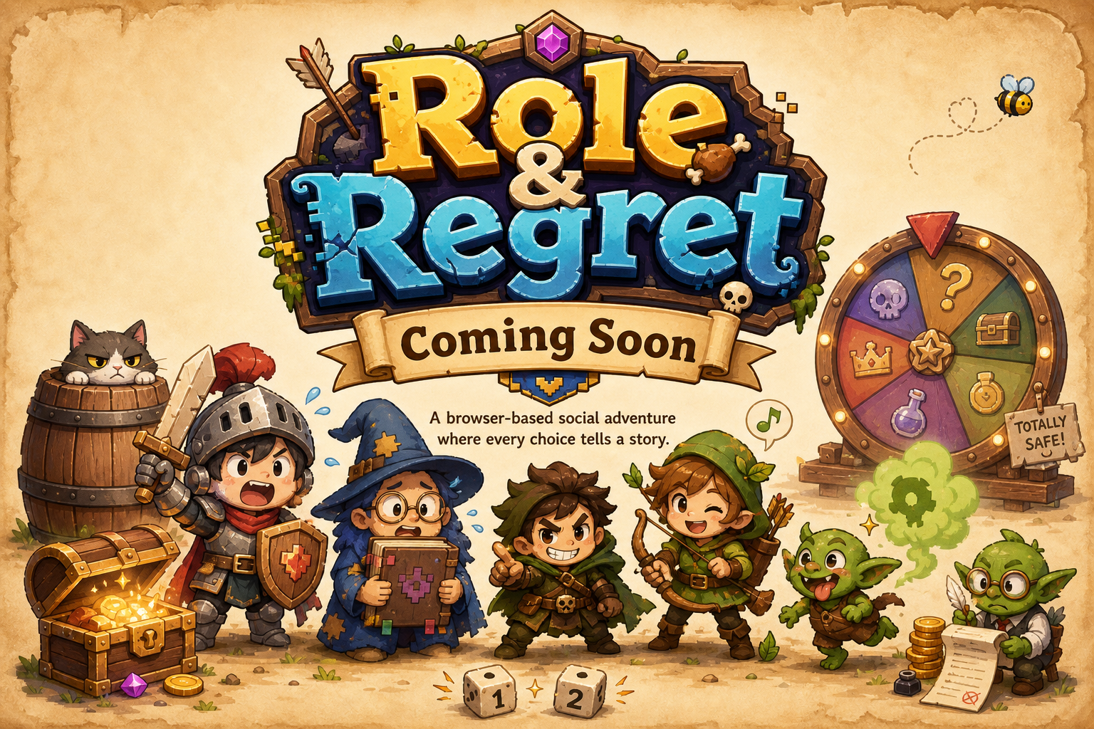 Role & Regret coming soon splash art with whimsical fantasy adventurers